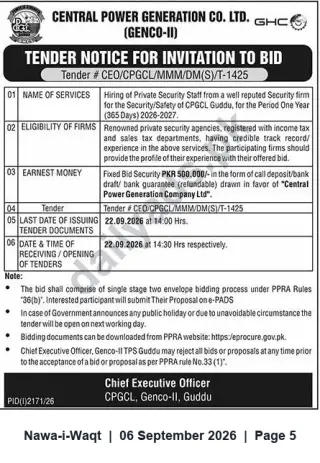 Newspaper clipping: Tender for Hiring Private Security Staff at CPGCL Guddu (Tender #CEO/CPGCL/MMM/DM(S)/T-1425), Nawa-i-Waqt, 06 Sep 2026