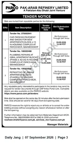 Newspaper clipping: PARCO MCR (Mahmoodkot) Tenders for Housing-Complex Works — Sept 2026, Jang, 07 Sep 2026