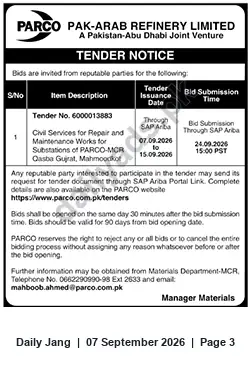 Newspaper clipping: PARCO Tender 6000013883 – Civil Repair & Maintenance Works for Substations (Casba Gujrat, Mahmoodkot), Jang, 07 Sep 2026