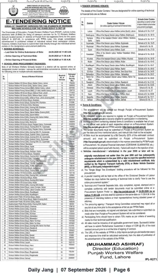 Newspaper clipping: E-Tender: Transport Services for 72 Punjab Workers Welfare Schools (2026-27 & 2027-28), Jang, 07 Sep 2026