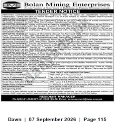 Newspaper clipping: Bolan Mining Enterprises Tender Notice — Resident Manager, Dawn, 07 Sep 2026