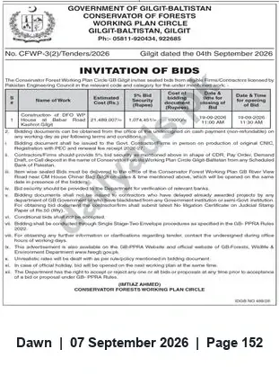 Newspaper clipping: Invitation to Bid — Conservator of Forests Working Plan Circle, Gilgit (Tender No. CFWP-3(2)/Tenders/2026), Dawn, 07 Sep 2026