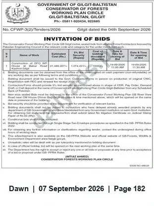 Newspaper clipping: Invitation to Bid — Conservator of Forests Working Plan Circle, Gilgit (04 Sep 2026), Dawn, 07 Sep 2026