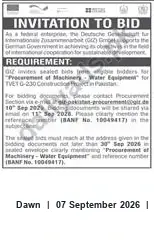 Newspaper clipping: Tender: Procurement of Machinery — Water Equipment for TVET G-230 Construction Project (Ref: 10049417), Dawn, 07 Sep 2026