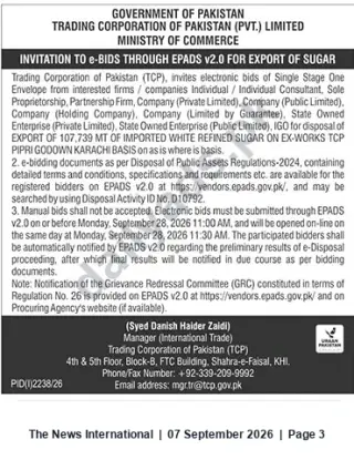 Newspaper clipping: TCP e-Bid: Export of 107,739 MT Imported White Refined Sugar (Ex-Works Pipri Godown Karachi) — D10792, The News International, 07 Sep 2026