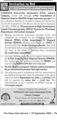 Newspaper clipping: Tender: HPLC System for Pharmacy Department — COMSATS University Islamabad, Lahore Campus, The News International, 07 Sep 2026