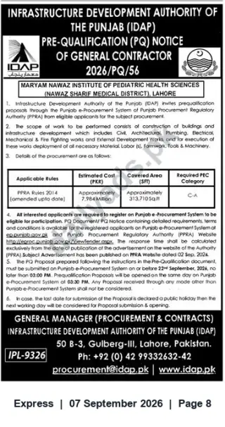 Newspaper clipping: Pre-Qualification Notice for General Contractors – Maryam Nawaz Institute of Pediatric Health Sciences, Lahore, Express, 07 Sep 2026