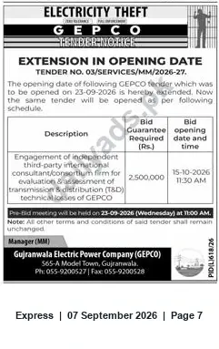 Newspaper clipping: GEPCO Tender 03/SERVICES/MM/2026-27 — Opening Date Extended for T&D Loss Assessment Consultancy, Express, 07 Sep 2026