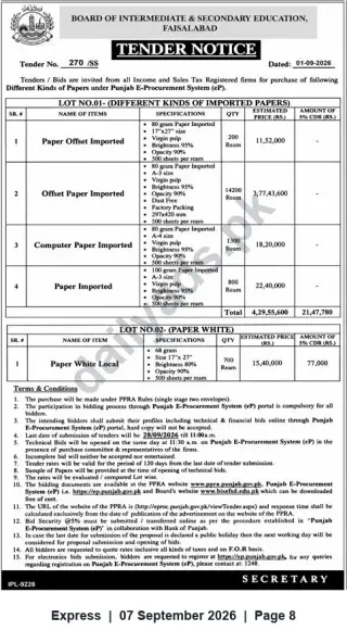 Newspaper clipping: BISE Faisalabad Tender No. 270/SS — Supply of Imported & Local Papers (Closing 2026-09-28), Express, 07 Sep 2026