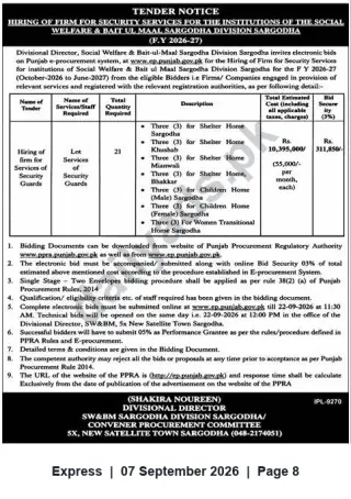 Newspaper clipping: Tender: Hiring Security Services for Social Welfare & Bait‑ul‑Maal Institutions — Sargodha Division (FY 2026-27), Express, 07 Sep 2026