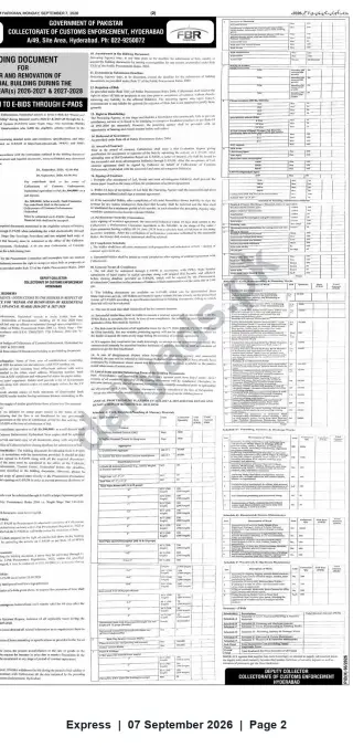 Newspaper clipping: Tender: Repair & Renovation of Collectorate Residential Building — Collectorate of Customs Enforcement, Hyderabad (FY 2026-27 & 2027-28), Express, 07 Sep 2026