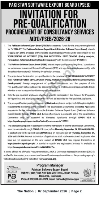 Newspaper clipping: PSEB Invitation for Pre-Qualification — Consultancy for Ecosystem Development (EOI), The Nation, 07 Sep 2026