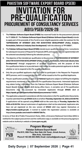 Newspaper clipping: PSEB Invitation for Pre-Qualification: Consultancy Services for Ecosystem Development (Ref: P110551), Dunya, 07 Sep 2026