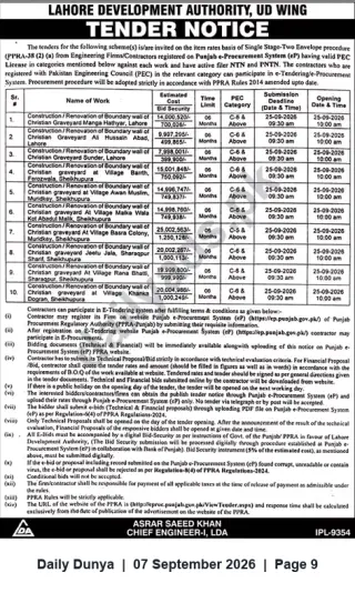 Newspaper clipping: Lahore Development Authority (UD Wing) Tender Notice — 10 Packages for Construction / Renovation of Boundary Walls of Christian Graveyards, Dunya, 07 Sep 2026