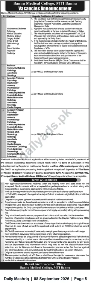 Newspaper clipping: Bannu Medical College (MTI Bannu) – Faculty Vacancies (Chairperson, Professors, Associate & Assistant Professors), Daily Mashriq, 08 Sep 2026
