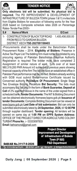 Newspaper clipping: Tender: Construction of Blacktop Road (Reco to Gardak, Buleda) — bids due 2026-09-24, Jang, 08 Sep 2026