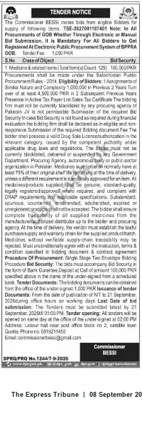 Newspaper clipping: Tender: Supply of Medicines & Radioisotopes — Commissioner BESSI (Balochistan), The Express Tribune, 08 Sep 2026
