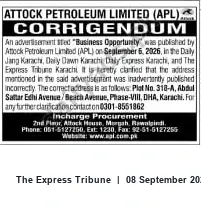Newspaper clipping: Attock Petroleum Limited Corrigendum: Corrected Address for 'Business Opportunity' Advertisement, The Express Tribune, 08 Sep 2026