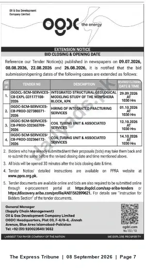 Newspaper clipping: OGDCL Tender Extension — Revised Bid Closing Dates (Sep–Oct 2026), The Express Tribune, 08 Sep 2026