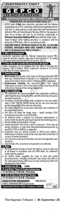 Newspaper clipping: GEPCO Gujranwala Tender for Construction Works at 132 kV Grid Stations (Estimated PKR 8,579,649), The Express Tribune, 08 Sep 2026