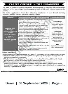 Newspaper clipping: Bank of Punjab Hiring: Manager (Branch Banking) — Apply via BOP Career Portal, Dawn, 08 Sep 2026