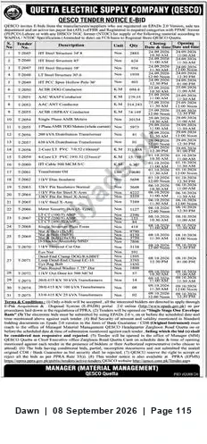 Newspaper clipping: QESCO E-Bid Tender Notice — Quetta Electric Supply Company, Dawn, 08 Sep 2026