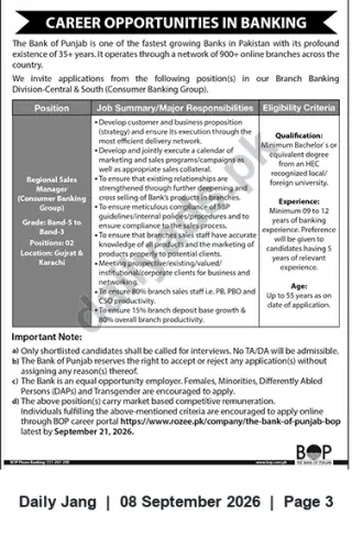 Newspaper clipping: Regional Sales Manager (Branch Banking - Consumer) — The Bank of Punjab, Jang, 08 Sep 2026