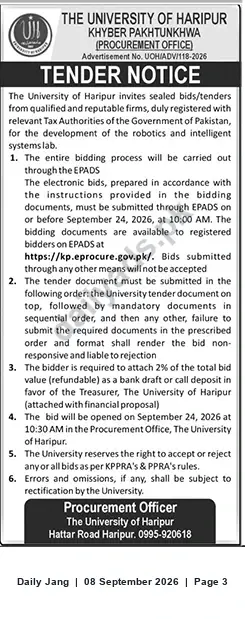 Newspaper clipping: Tender: Development of Robotics & Intelligent Systems Lab – University of Haripur, Jang, 08 Sep 2026