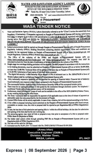 Newspaper clipping: WASA Lahore Tender – Rehabilitation/Improvement of Charara Drain near Malikpur Village (Nishtar Town), Express, 08 Sep 2026