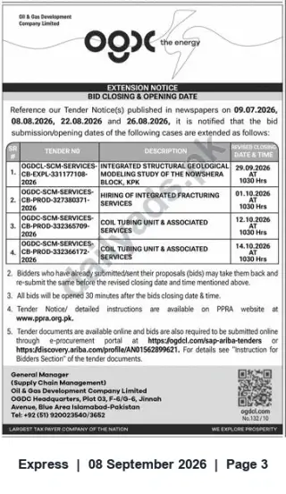 Newspaper clipping: OGDCL Extension Notice — Revised Bid Closing Dates for Nowshera Block Study, Fracturing and Coil Tubing Services, Express, 08 Sep 2026