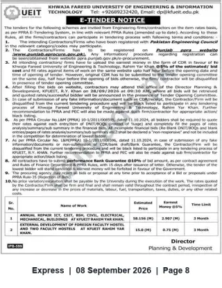 Newspaper clipping: KFUEIT E‑Tender Notice – Annual Repairs and External Development (Rahim Yar Khan), Express, 08 Sep 2026
