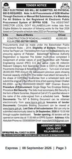 Newspaper clipping: Tender: Construction of Road Killi Hameed Kulak (TSE-2627091188023) — Killa Abdullah, Express, 08 Sep 2026