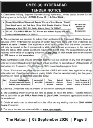 Newspaper clipping: CMES (Army) Hyderabad Tender Notice – Repair, Maintenance and Supply Works FY 2026-27, The Nation, 08 Sep 2026