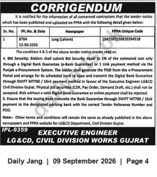 Newspaper clipping: Corrigendum: Bid Security Procedure for LG&CD Civil Division Gujrat Tender, Jang, 09 Sep 2026