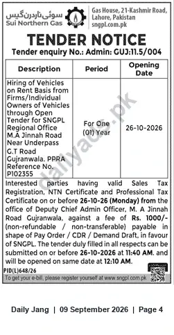Newspaper clipping: SNGPL Tender: Hiring Vehicles on Rent — Regional Office Gujranwala (Admin: GUJ:11.5/004), Jang, 09 Sep 2026