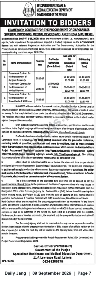Newspaper clipping: Invitation to Bidders — Framework Contracts for Surgical Dressings, Medical Devices & Anesthesia/ICU Items (Specialized Healthcare & Medical Education Dept., Punjab), Jang, 09 Sep 2026