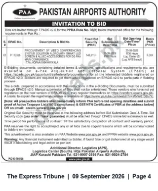 Newspaper clipping: Pakistan Airports Authority Invitation to Bid – Video Conferencing System (EPAD P-110328), The Express Tribune, 09 Sep 2026