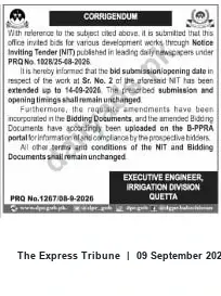 Newspaper clipping: Corrigendum: Bid Deadline Extended to 2026-09-14 for Sr. No. 2 of NIT PRQ No.1028/25-48-2026, The Express Tribune, 09 Sep 2026