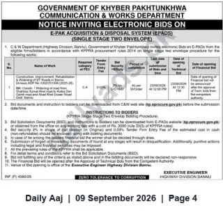 Newspaper clipping: KP C&W Highway Division Bannu Invites e-Bids via EPADS for Road Works (Single-Stage, Two-Envelope), Daily Aaj, 09 Sep 2026
