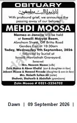 Newspaper clipping: Obituary: Mehdi Moosa — Namaz-e-Janaza & Burial on 2026-09-09, Dawn, 09 Sep 2026