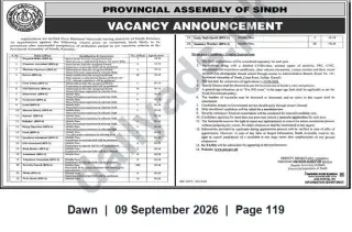 Newspaper clipping: Provincial Assembly of Sindh – Vacancy Announcement (Multiple Posts), Dawn, 09 Sep 2026