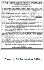 Newspaper clipping: Notice of Petition — High Court of Sindh at Karachi (CIM Petition No. 34 of 3034), Dawn, 09 Sep 2026