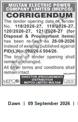 Newspaper clipping: MEPCO Corrigendum: Tender Opening Date Re-fixed to 28-09-2026, Dawn, 09 Sep 2026