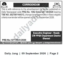Newspaper clipping: Corrigendum: Tender Opening Date — Executive Engineer (Roads), CWPP&H District Sherani, Jang, 09 Sep 2026