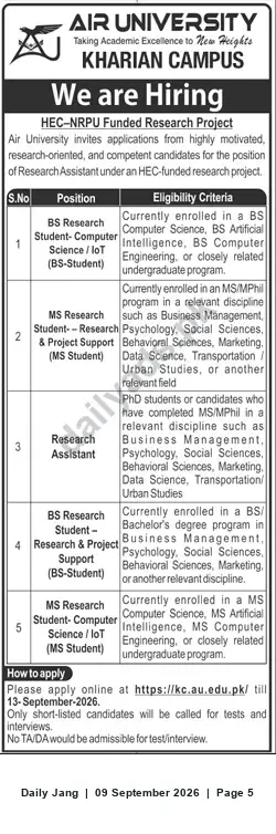 Newspaper clipping: Air University Kharian Campus Hiring: Research Positions for HEC‑NRPU Funded Project, Jang, 09 Sep 2026