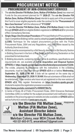 Newspaper clipping: FIA Multan Zone — E‑Bids Invited for Procurement of Non‑Consultancy Services (Ref: P112258), The News International, 09 Sep 2026
