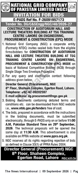 Newspaper clipping: NGCP Invitation for Bids – Construction of Auditorium Hall & Lecture Theaters, TSG Training Centre Lahore (EPC), The News International, 09 Sep 2026