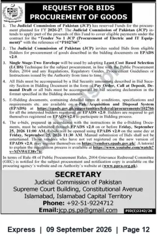 Newspaper clipping: Judicial Commission of Pakistan Tender for Electric & IT Equipment (P102766), Express, 09 Sep 2026