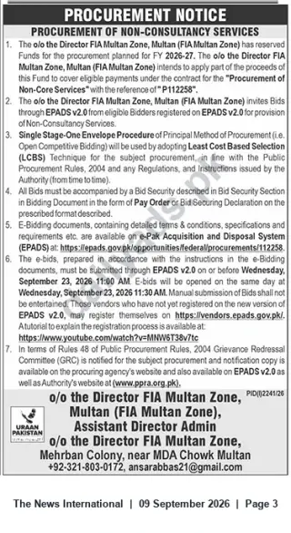 Newspaper clipping: Procurement Notice — Non‑Consultancy Services (FIA Multan Zone) | FY 2026‑27, The News International, 09 Sep 2026