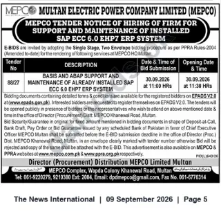 Newspaper clipping: MEPCO Tender: Hiring Firm for SAP ECC 6.0 EHP7 ERP BASIS & ABAP Support (Tender No. 88/27), The News International, 09 Sep 2026